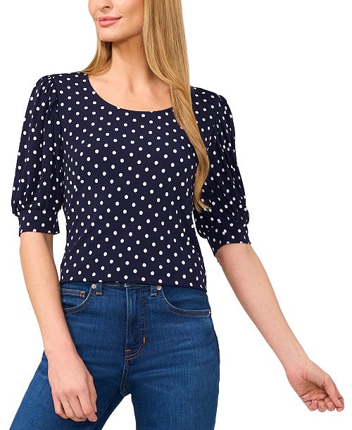 CeCe Women's Polka-Dot Elbow-Sleeve Round-Neck Top Women's Fashion Shoes & Accessories