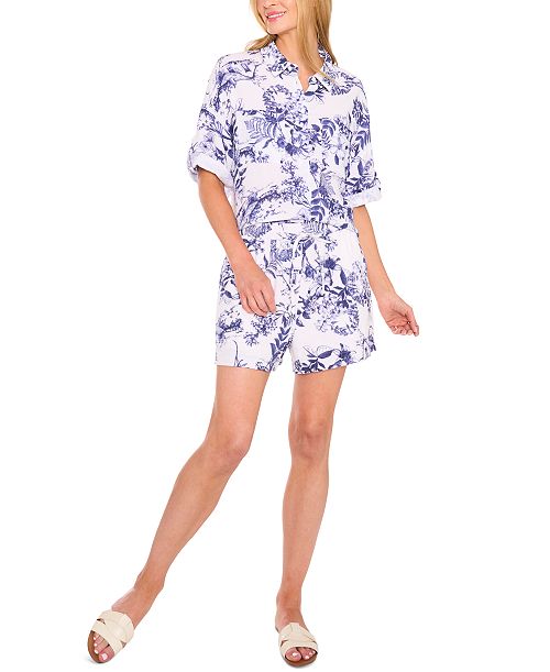 CeCe Women's Printed Cotton Collared Button-Front Shirt & Printed Cotton Pull-On Shorts Women's Fashion Shoes & Accessories