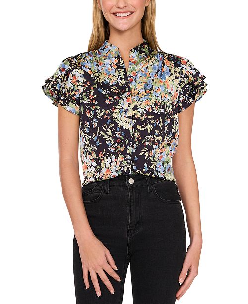 CeCe Women's Printed Flutter-Sleeve Hidden-Placket Blouse Women's Fashion Shoes & Accessories