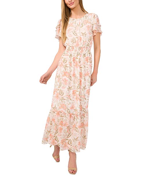 CeCe Women's Printed Flutter-Sleeve Maxi Dress Women's Fashion Shoes & Accessories