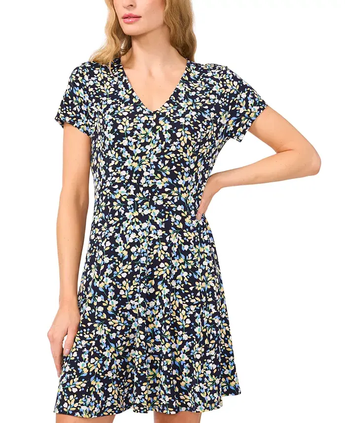 CeCe Women's Printed Knit Fit & Flare Dress Women's Fashion Shoes & Accessories