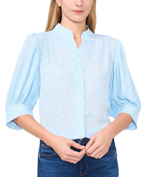 CeCe Women's Printed Open-Collar Elbow-Sleeve Top Women's Fashion Shoes & Accessories