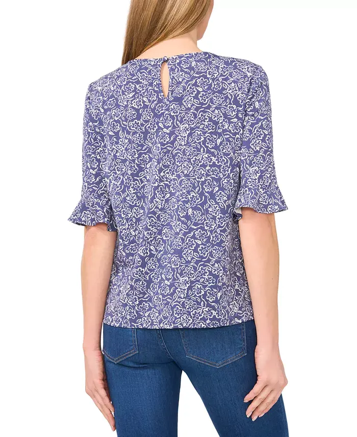 CeCe Women's Printed Ruffle-Cuff Crewneck Knit Top Women's Fashion Shoes & Accessories