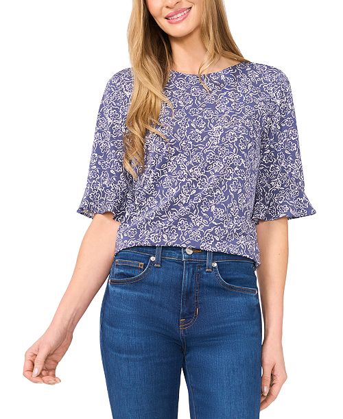CeCe Women's Printed Ruffle-Cuff Crewneck Knit Top Women's Fashion Shoes & Accessories