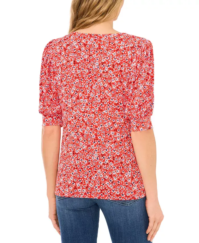 CeCe Women's Printed Shirred Scoop-Neck 3/4-Sleeve Knit Top Women's Fashion Shoes & Accessories