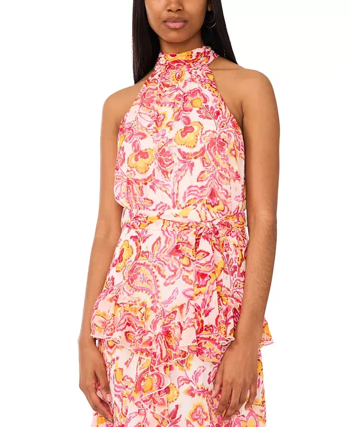 CeCe Women's Printed Sleeveless Tiered-Ruffle-Trim Dress Women's Fashion Shoes & Accessories