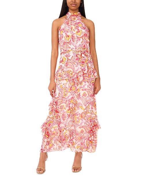 CeCe Women's Printed Sleeveless Tiered-Ruffle-Trim Dress Women's Fashion Shoes & Accessories