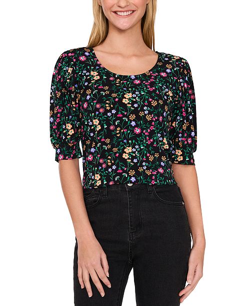 CeCe Women's Puff-Sleeve Printed Knit Top Women's Fashion Shoes & Accessories