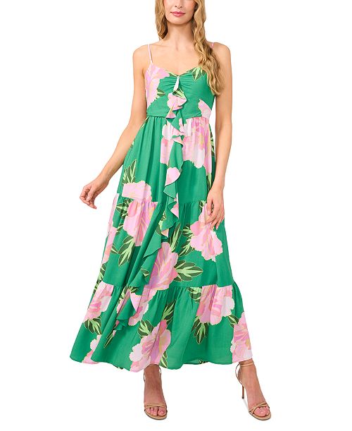 CeCe Women's Ruffle-Front Tiered Floral Maxi Dress Women's Fashion Shoes & Accessories