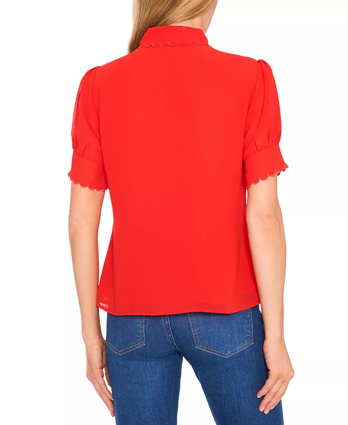 CeCe Women's Scalloped Puff-Sleeve Button-Front Blouse Women's Fashion Shoes & Accessories