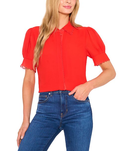 CeCe Women's Scalloped Puff-Sleeve Button-Front Blouse Women's Fashion Shoes & Accessories