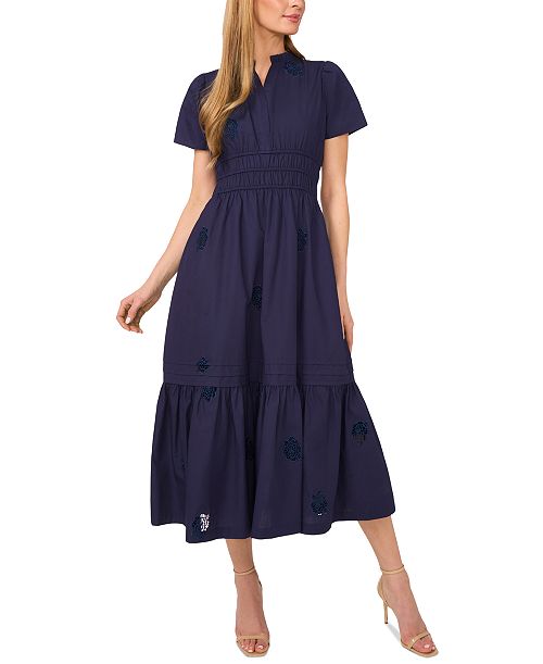 CeCe Women's Short-Sleeve V-Neck Midi Dress Women's Fashion Shoes & Accessories