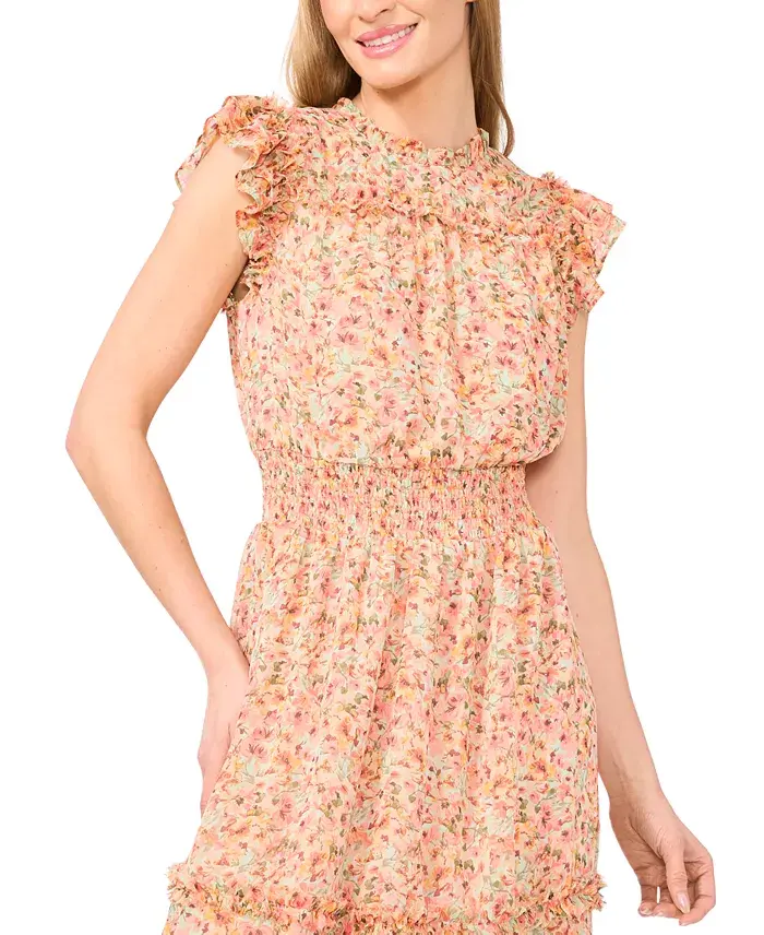 CeCe Women's Smocked Waist Ruffle Tiered Midi Dress Women's Fashion Shoes & Accessories