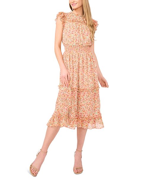 CeCe Women's Smocked Waist Ruffle Tiered Midi Dress Women's Fashion Shoes & Accessories