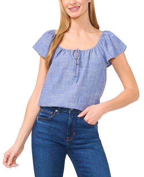 CeCe Women's Split-Neck Flutter-Sleeve Top Women's Fashion Shoes & Accessories