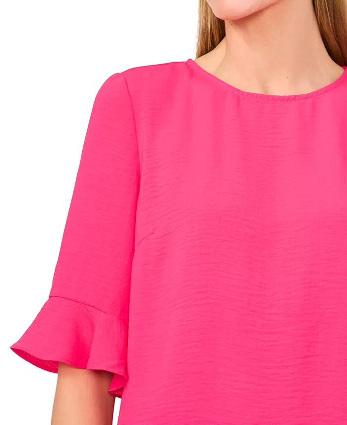 CeCe Women's Textured Ruffled-Cuff 3/4-Sleeve Crew Neck Blouse Women's Fashion Shoes & Accessories
