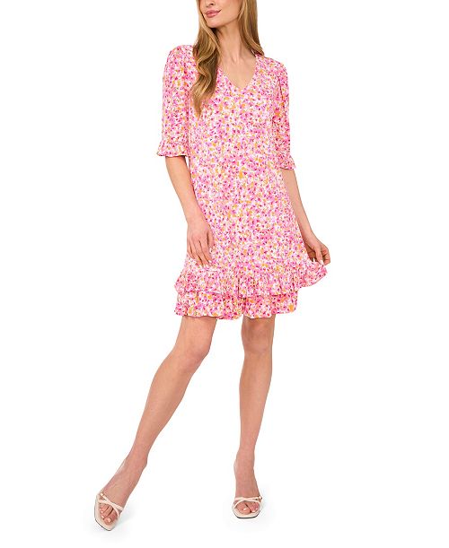 CeCe Women's V-Neck Ruffled Floral Shift Dress Women's Fashion Shoes & Accessories
