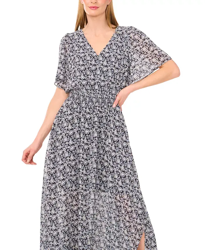 CeCe Women's V-Neck Smocked-Waist Floral-Print Maxi Dress Women's Fashion Shoes & Accessories