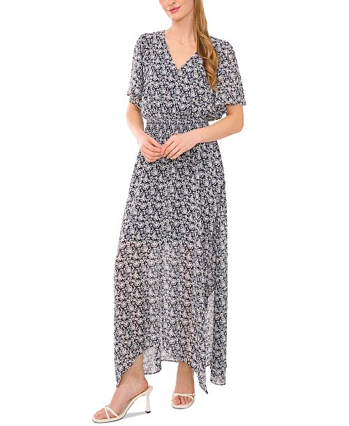 CeCe Women's V-Neck Smocked-Waist Floral-Print Maxi Dress Women's Fashion Shoes & Accessories