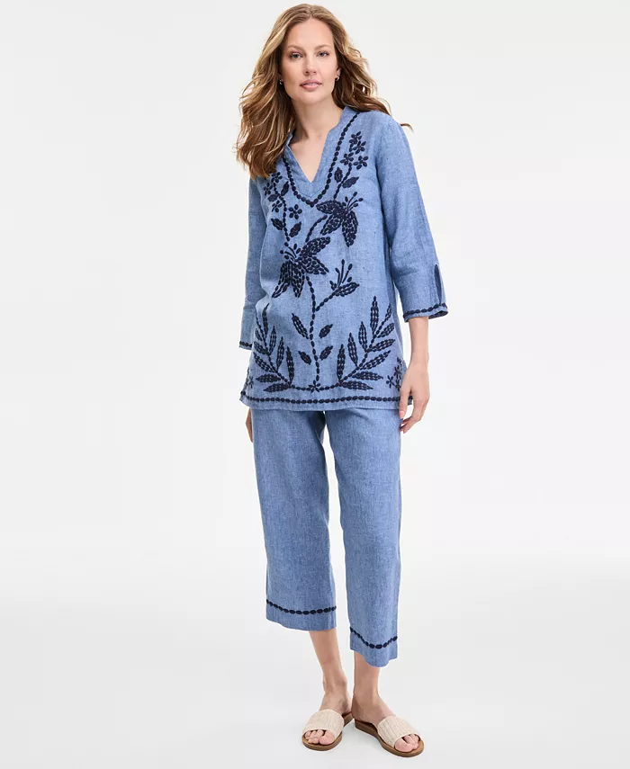 Charter Club Women's 100% Linen 3/4-Sleeve Tunic Top Exclusively At Macy's Women's Fashion Shoes & Accessories