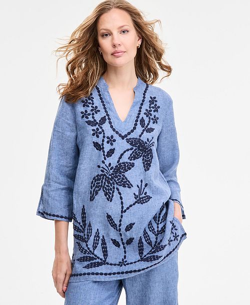 Charter Club Women's 100% Linen 3/4-Sleeve Tunic Top Exclusively at Macy's Women's Fashion Shoes & Accessories