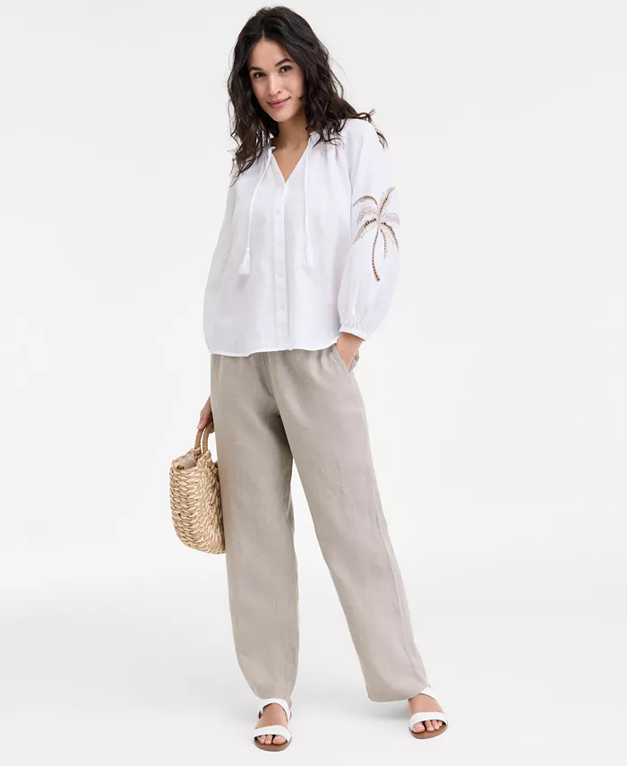 Charter Club Women's 100% Linen Drawstring Pants & 100% Linen Embroidered Top Exclusively At Macy's Women's Fashion Shoes & Accessories