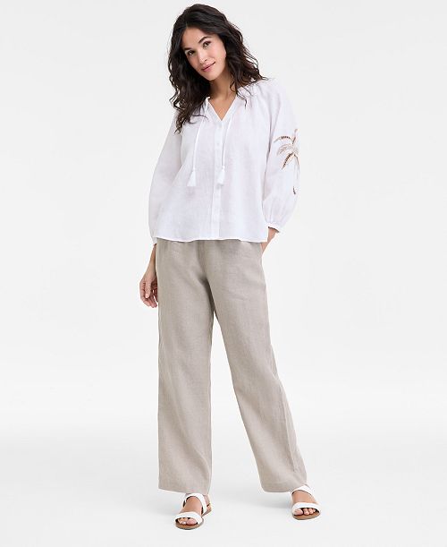 Charter Club Women's 100% Linen Drawstring Pants & 100% Linen Embroidered Top Exclusively at Macy's Women's Fashion Shoes & Accessories
