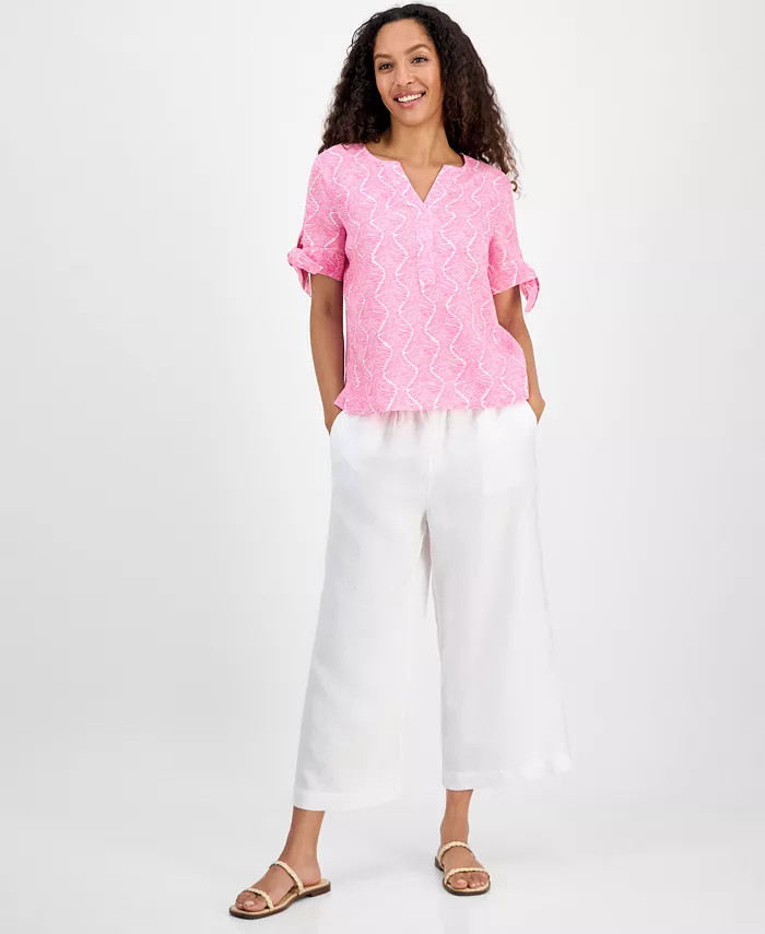 Charter Club Women's 100% Linen Printed Tie-Cuff Blouse Exclusively At Macy's Women's Fashion Shoes & Accessories