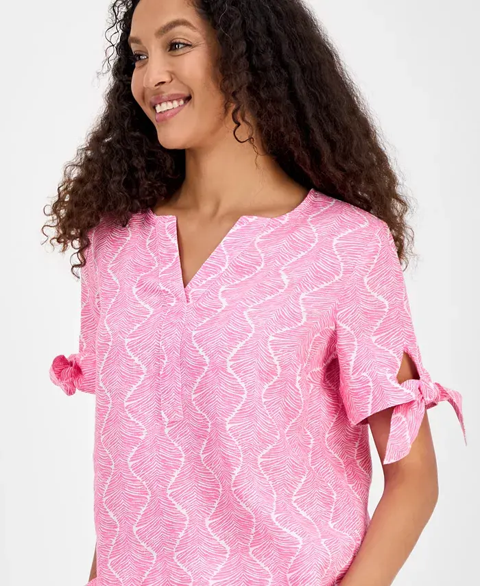 Charter Club Women's 100% Linen Printed Tie-Cuff Blouse Exclusively At Macy's Women's Fashion Shoes & Accessories