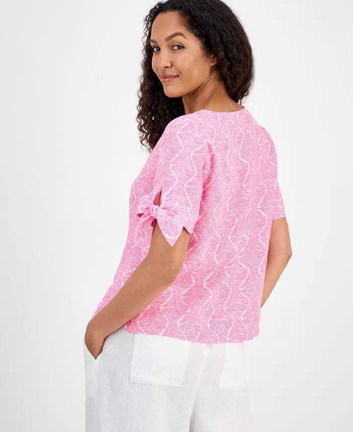 Charter Club Women's 100% Linen Printed Tie-Cuff Blouse Exclusively At Macy's Women's Fashion Shoes & Accessories