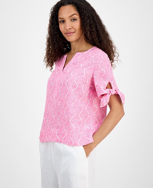 Charter Club Women's 100% Linen Printed Tie-Cuff Blouse Exclusively at Macy's Women's Fashion Shoes & Accessories