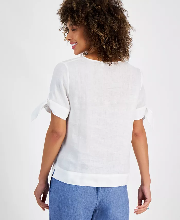 Charter Club Women's 100% Linen Split-Neck Tie-Cuff Top Created For Macy's Women's Fashion Shoes & Accessories