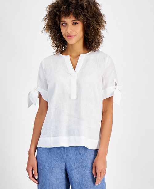 Charter Club Women's 100% Linen Split-Neck Tie-Cuff Top Created for Macy's Women's Fashion Shoes & Accessories