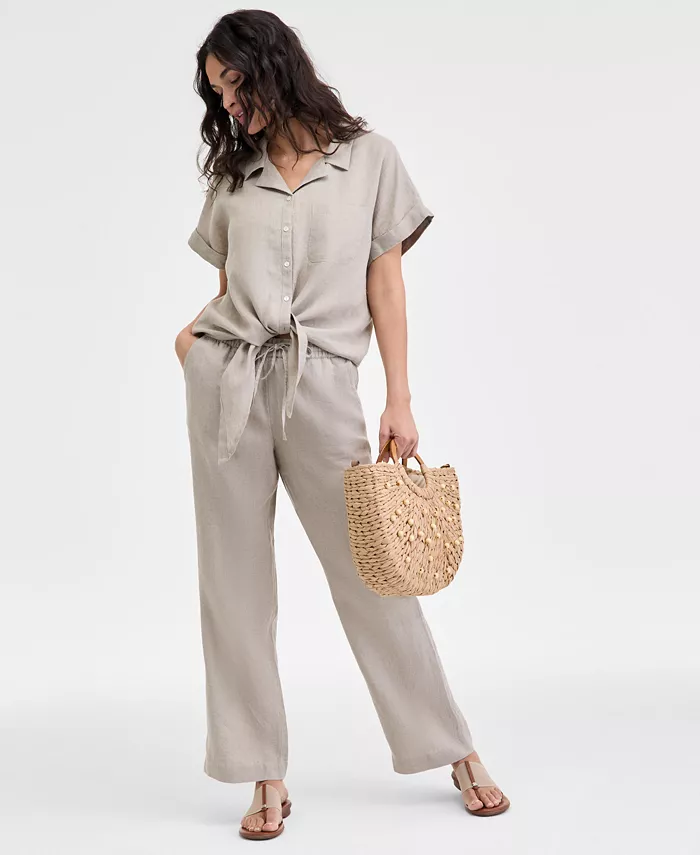 Charter Club Women's 100% Linen Tie-Front Shirt Created For Macy's Women's Fashion Shoes & Accessories