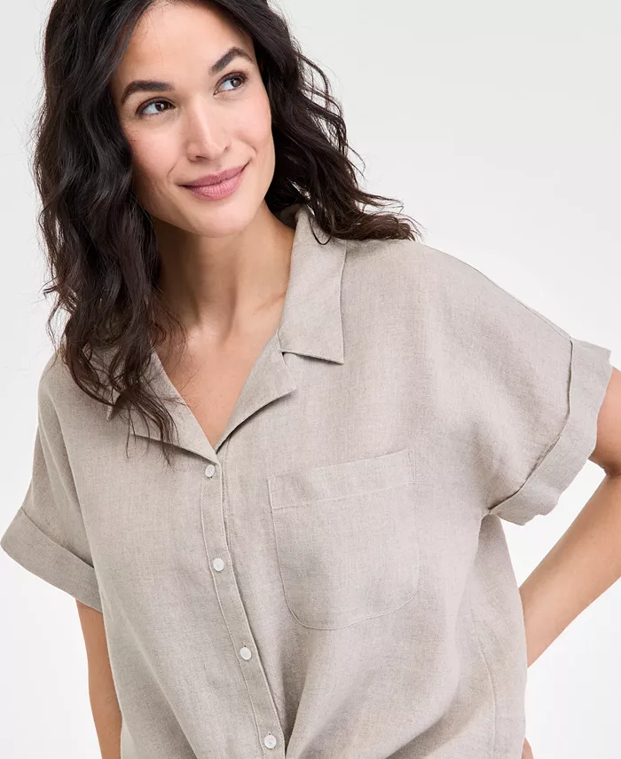 Charter Club Women's 100% Linen Tie-Front Shirt Created For Macy's Women's Fashion Shoes & Accessories