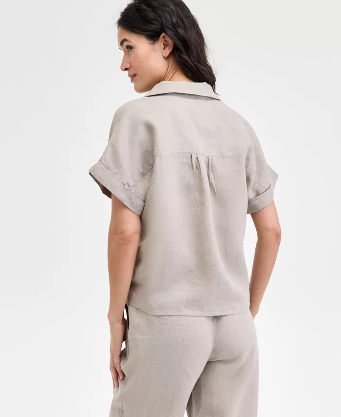 Charter Club Women's 100% Linen Tie-Front Shirt Created For Macy's Women's Fashion Shoes & Accessories