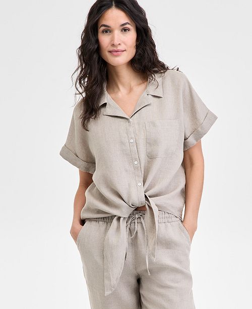 Charter Club Women's 100% Linen Tie-Front Shirt Created for Macy's Women's Fashion Shoes & Accessories