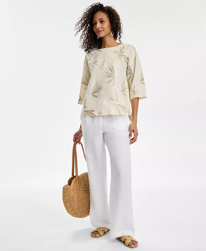 Charter Club Women's Palm-Print 100% Linen Top & 100% Linen Drawstring Pants Exclusively At Macy's Women's Fashion Shoes & Accessories
