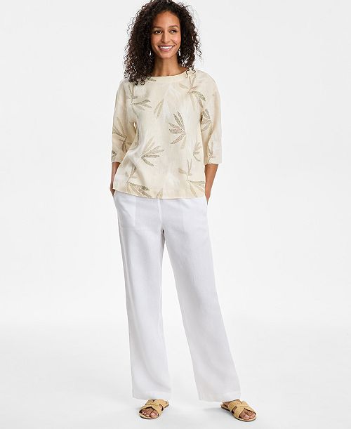 Charter Club Women's Palm-Print 100% Linen Top & 100% Linen Drawstring Pants Exclusively at Macy's Women's Fashion Shoes & Accessories