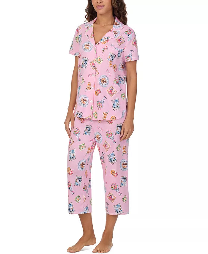 Cuddl Duds Women's Printed Collared Cropped Pajama Set Women's Fashion Shoes & Accessories