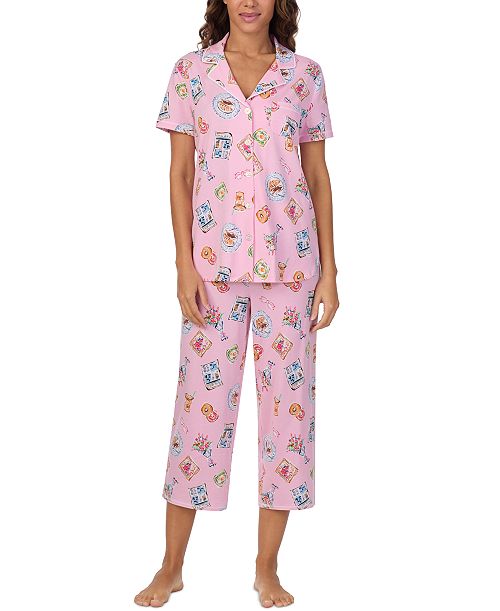 Cuddl Duds Women's Printed Collared Cropped Pajama Set Women's Fashion Shoes & Accessories