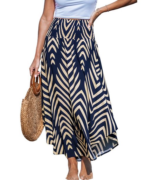 Cupshe Women's Abstract Smocked Waist Midi Skirt Women's Fashion Shoes & Accessories