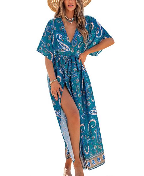 Cupshe Women's Beach Goddess Paisley Cover-Up Maxi Beach Dress Women's Fashion Shoes & Accessories