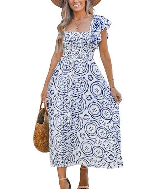 Cupshe Women's Blue Ornate Square Neck Midi Beach Dress Women's Fashion Shoes & Accessories