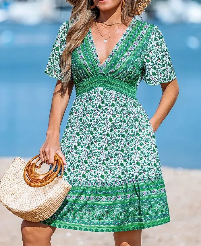 Cupshe Women's Bohemian Breeze Paisley Mini Beach Dress Women's Fashion Shoes & Accessories