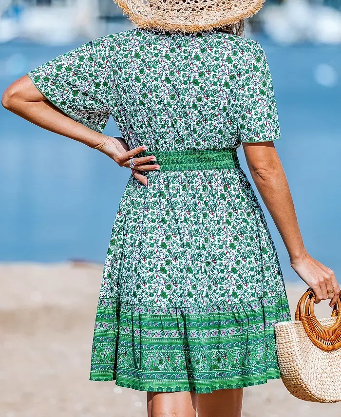 Cupshe Women's Bohemian Breeze Paisley Mini Beach Dress Women's Fashion Shoes & Accessories