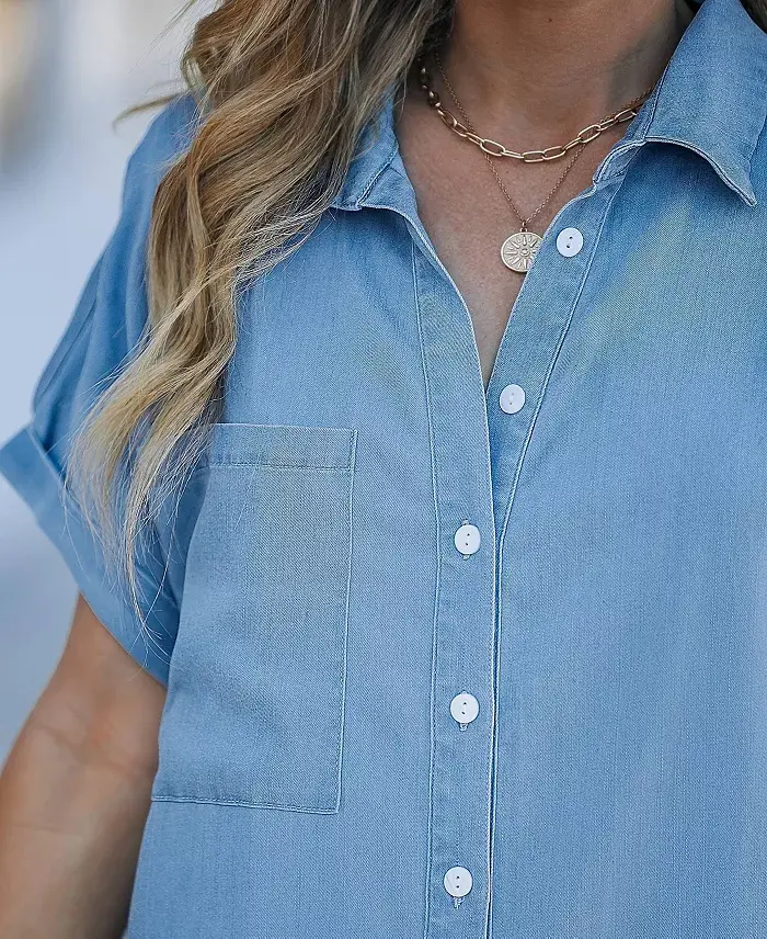 Cupshe Women's Denim Short Sleeve Button Down Cover Up Dress Women's Fashion Shoes & Accessories