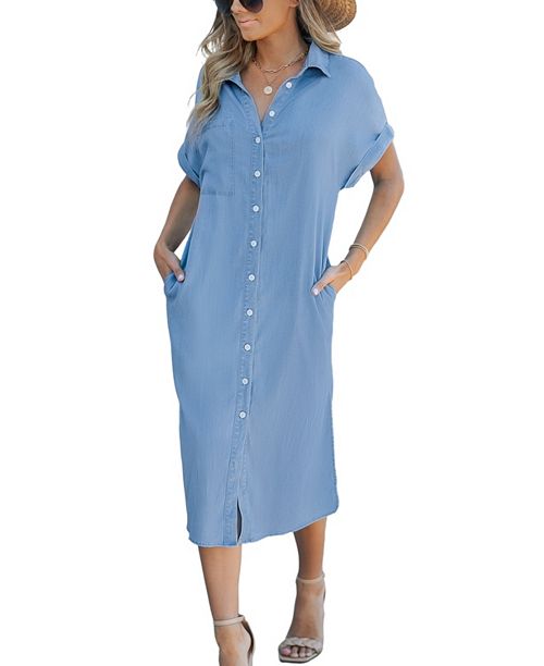 Cupshe Women's Denim Short Sleeve Button Down Cover Up Dress Women's Fashion Shoes & Accessories