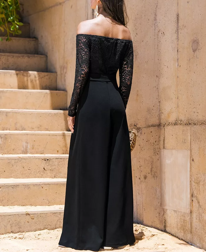 Cupshe Women's Elegant Lace Off-Shoulder Wide-Leg Jumpsuit Women's Fashion Shoes & Accessories