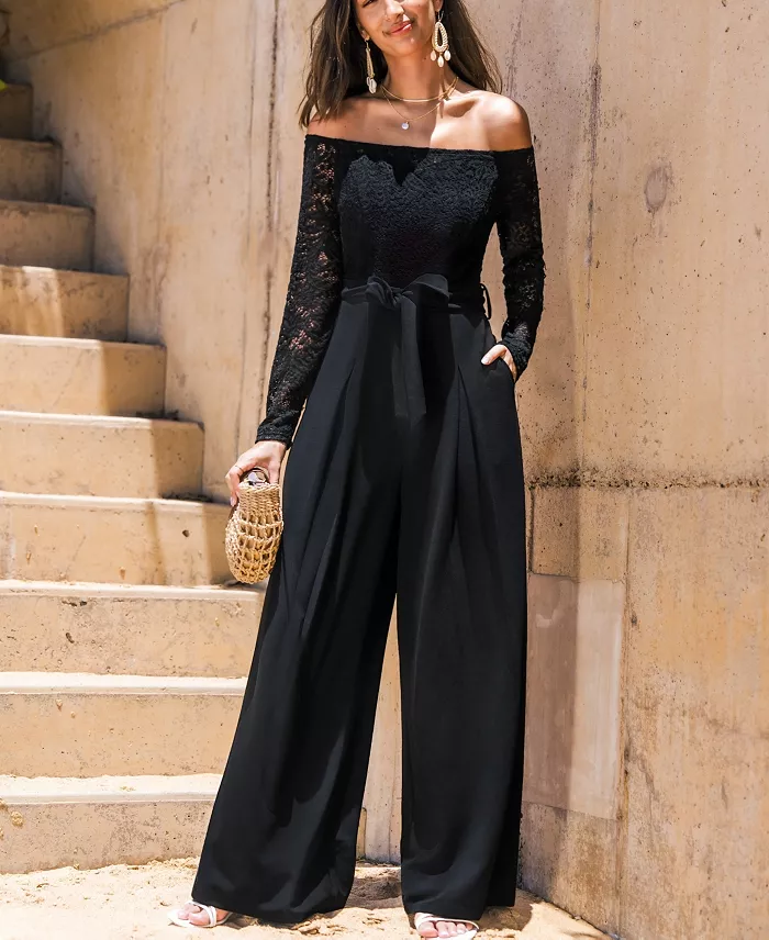 Cupshe Women's Elegant Lace Off-Shoulder Wide-Leg Jumpsuit Women's Fashion Shoes & Accessories